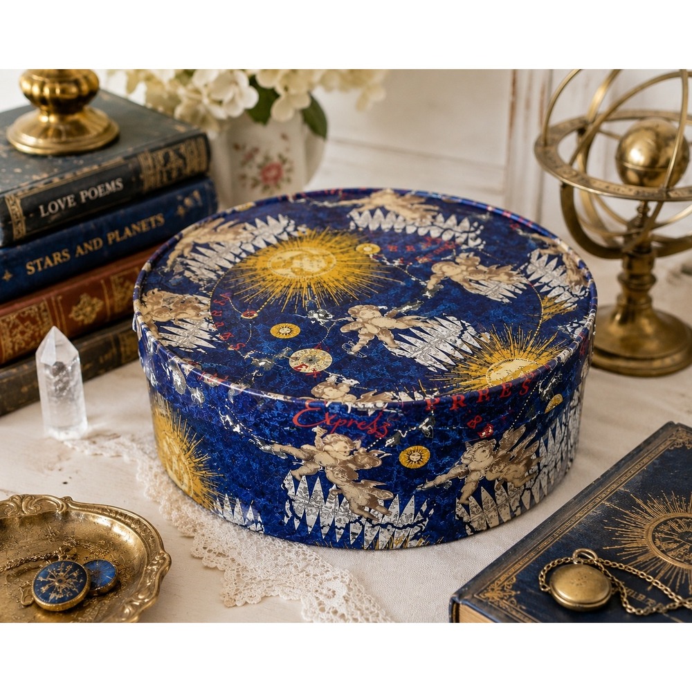 Vintage 90s Celestial Round Hat Box Cherub Zodiac Sun Moon Decorative Storage